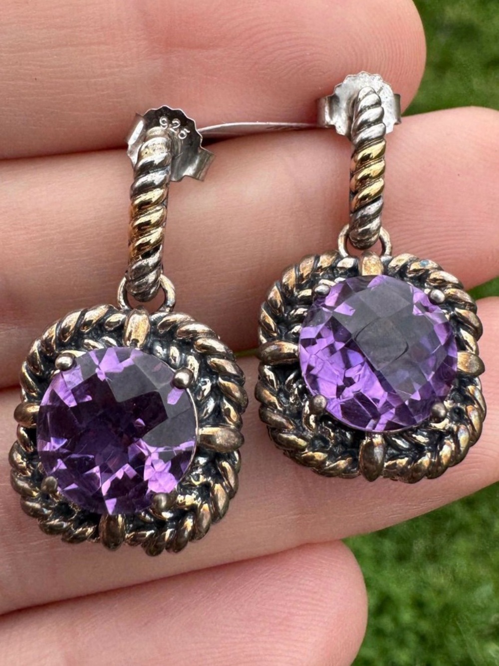 Sterling Silver 14K Gold Amethyst Drop Earrings - Purple